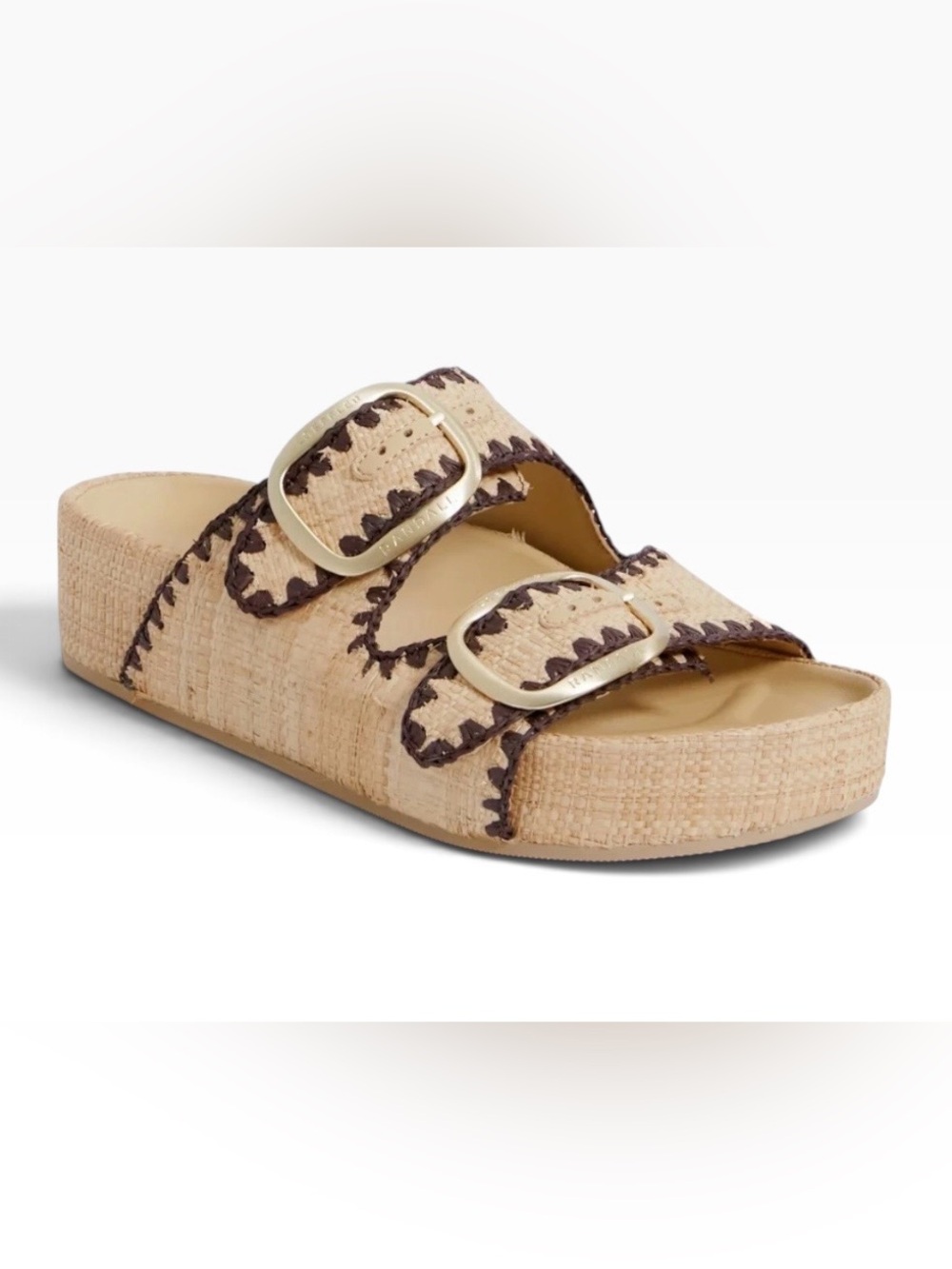 NEW LOEFFLER RANDALL Natural and Dark Brown Straw Theo Two Band Sandal Sz 7
